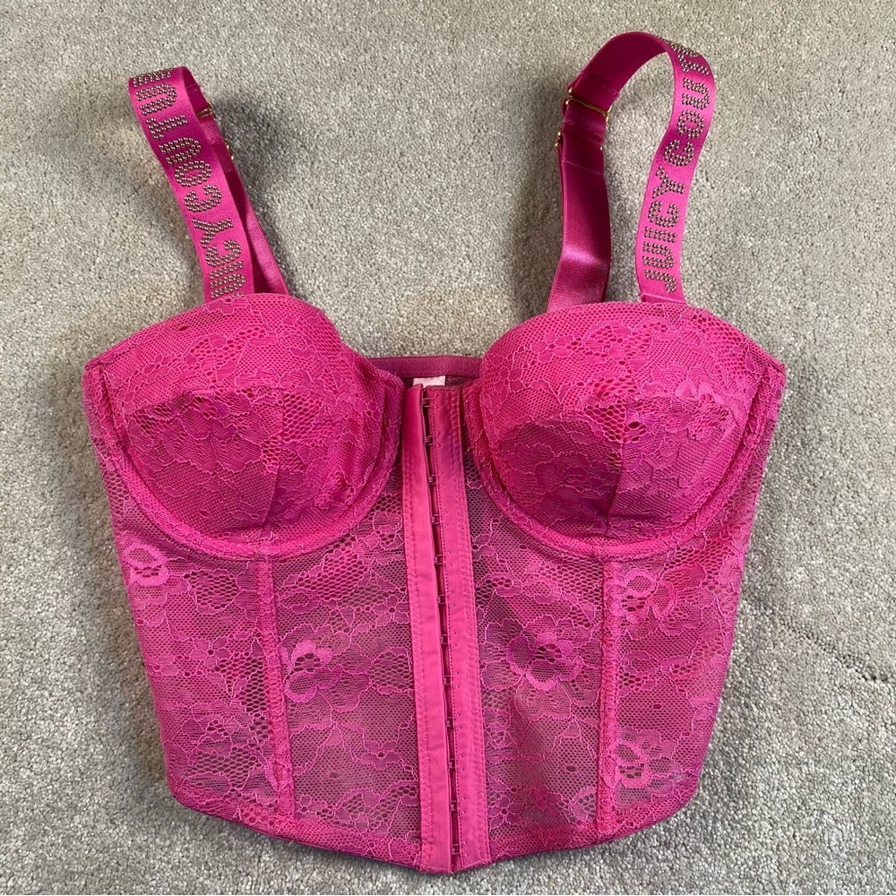 Juicy Couture Bralette Corset Bra 34B Pink Rhinestone‎ Logo Straps Lace Sheer
